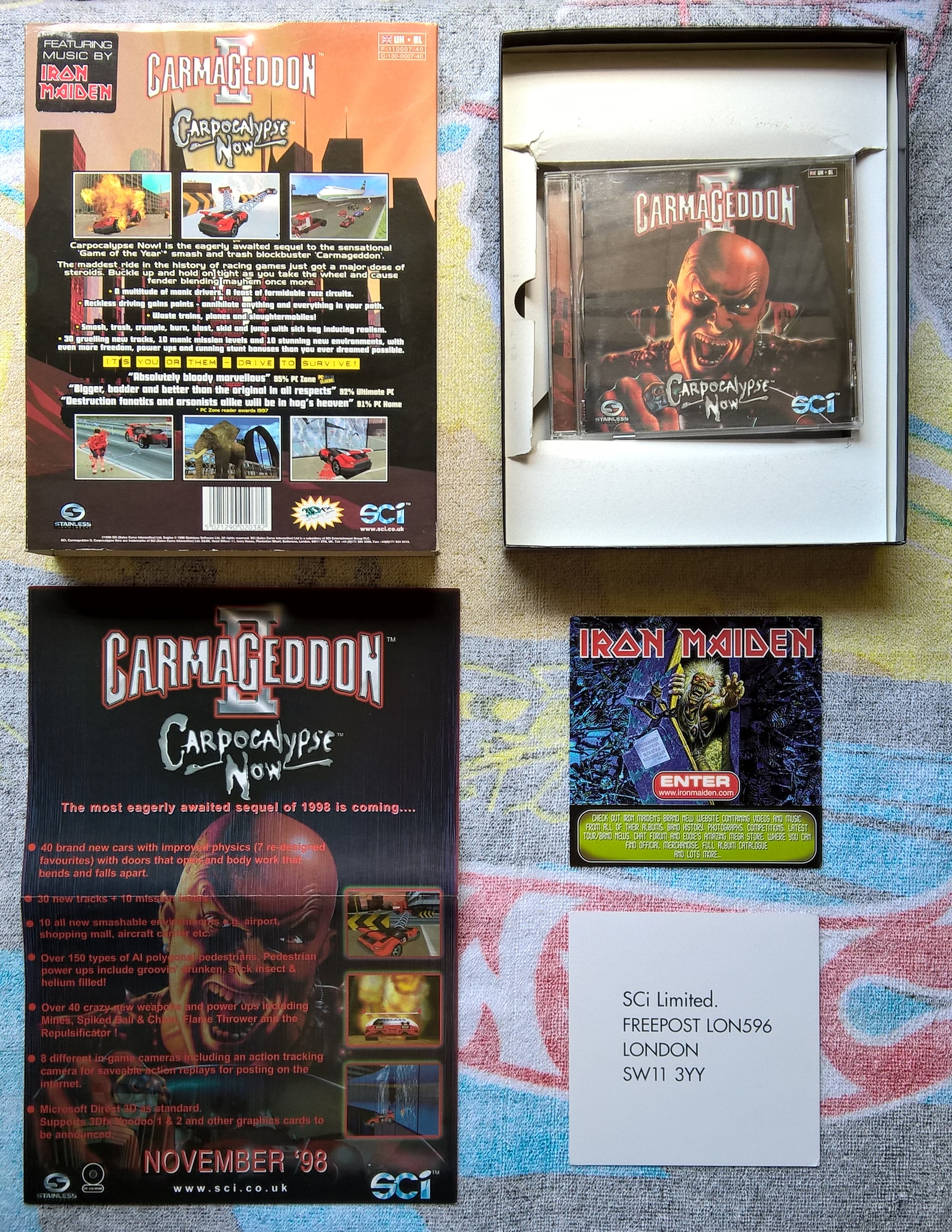 Carmageddon II: ;Carpocalypse Now! para MS-DOS: Caixa grande, caixa pequena, 02 pôsteres, encarte e folheto promocional do Iron Maiden