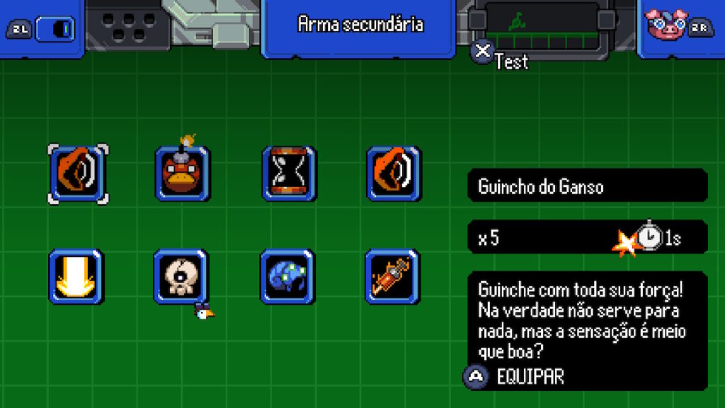 Imagem das armas secundárias do jogo Mighty Goose destacando o Guincho do Ganso e com a descrição "Guinche com toda sua força! Na verdade não serve para nada, mas a sensação é meio que boa?"